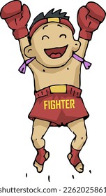 Happy fighter jumping with hands up. Hands are in boxing gloves. Fector illustration EPS10
