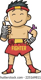 Happy fighter with thumbsup gesture. Hands are wrapped with Thai boxing ropes. Fector illustration EPS10