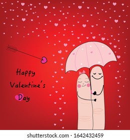 Happy finger couple with love rain vector card with red background. Funny greeting card. Valentine's day vector greeting card