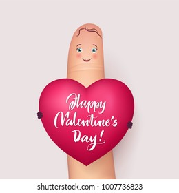 Happy finger holds heart Valentines day. Vector illustration of romantic message. Concept image of romance, love, feeling