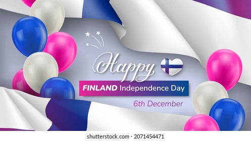Happy Finland Independence Day, 6th December greeting card. National holiday invitation, poster, banner, background in patriotic colors and inflatable balloons realistic vector illustration