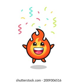 happy fire mascot jumping for congratulation with colour confetti , cute style design for t shirt, sticker, logo element