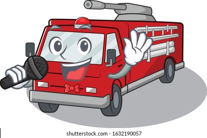 Happy fire truck singing on a microphone