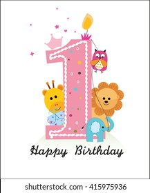 Happy first birthday with animals baby girl greeting card vector