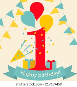 Happy First Birthday Anniversary Card With Flags, Gifts And Balloons, Vector Illustration