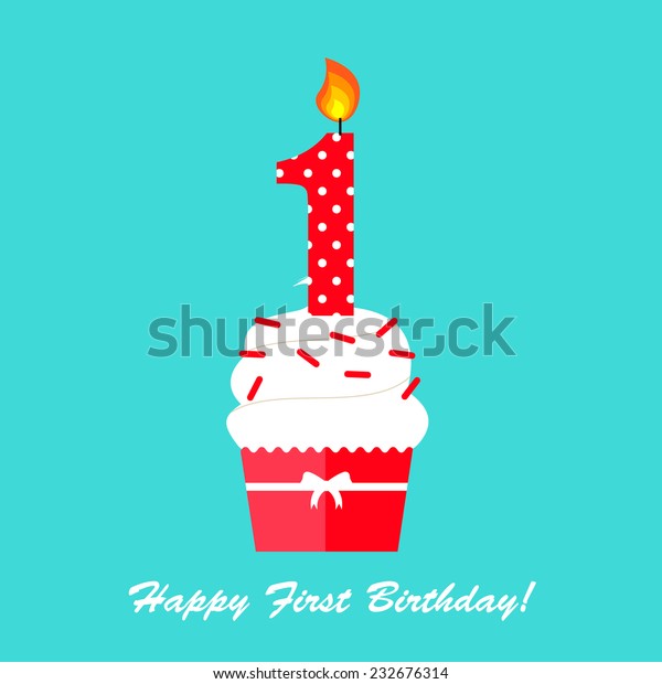 カップケーキとロウソクを平らなデザインにした1歳の誕生日記念カード ベクターイラスト のベクター画像素材 ロイヤリティフリー