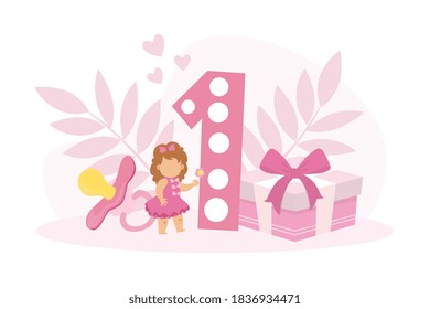 Happy First Birthday Anniversary, Tiny Toddler Girl with Big Number and Baby Care Accessories Cartoon Vector Illustration