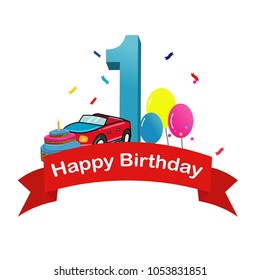 Happy first birthday. Baby boy greeting card with race car, cake and balloons vector illustration