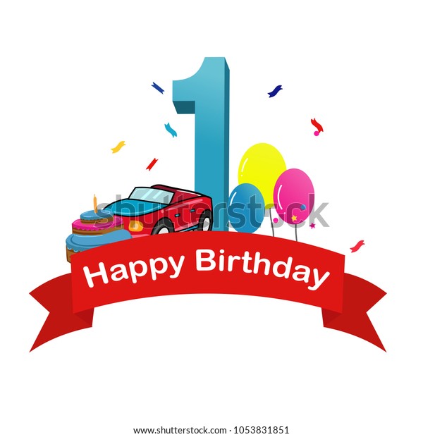 Happy first birthday. Baby\
boy greeting card with race car, cake and balloons vector\
illustration