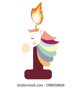 Happy first birthday baby candle in unicorn design style.