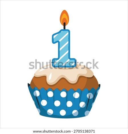 happy first birthday boy card with cupcake vector art isolated on white background