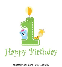 Happy first birthday candle and animals design on white background