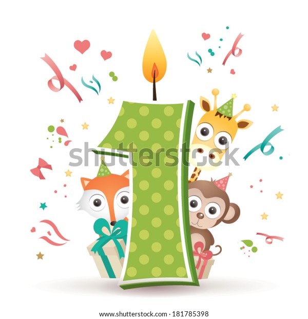 Happy\
First Birthday Candle and Animals Isolated on\
white