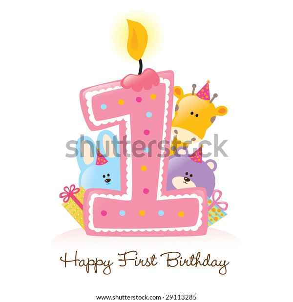 Happy\
First Birthday Candle and Animals Isolated on\
white