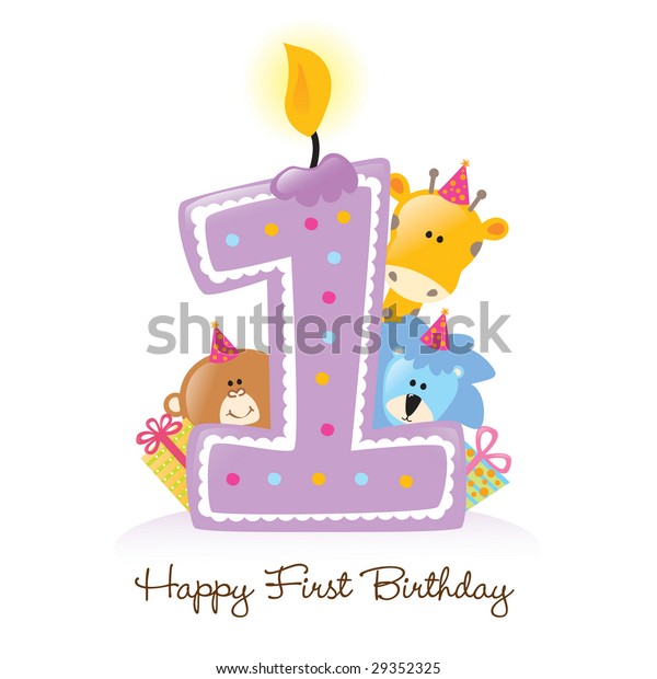 Bougie Et Animaux Joyeux Premier Anniversaire Image Vectorielle De Stock Libre De Droits