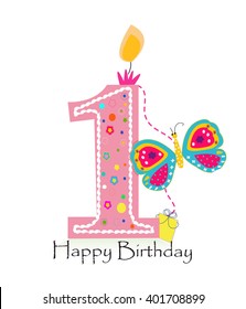 Happy first birthday candle. Baby girl greeting card with butterfly vector background