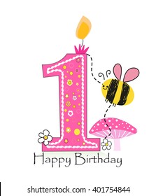 Happy first birthday candle. Baby girl greeting card with bee and daisy vector background