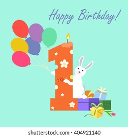 Happy first birthday candle. Baby girl greeting card.  Rabbit with balloons. Vector illustration
