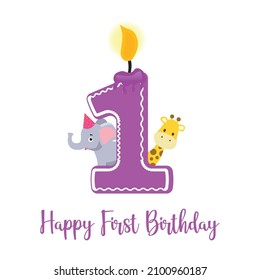 Happy first birthday candle and cute animals isolated on white background