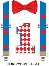 Happy First Birthday card with a bow tie and suspenders