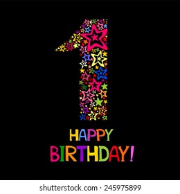 Happy First Birthday. Celebration background with number one, firework and place for your text. Vector illustration 
