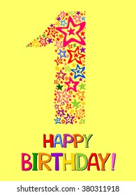Happy First Birthday. Celebration background with number one, firework and place for your text. Vector illustration 