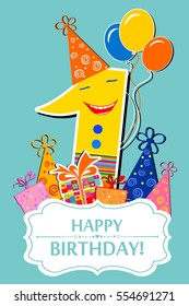 Happy First Birthday. Celebration background with number one, balloon, gift boxes and place for your text. Vector Illustration