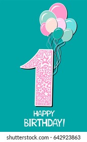 Happy First Birthday. Celebration mint background with number one, balloon and place for your text. Vector Illustration