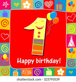 Happy First Birthday. Celebration red background with number one, balloon, gift boxes and place for your text. vector illustration 