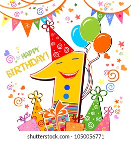 Happy First Birthday. Celebration white background with number one, balloon, gift boxes and place for your text. Vector Illustration