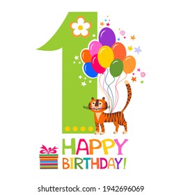 Happy First Birthday. Celebration white background with number one, balloon, gift boxes and place for your text.  Greeting, invitation card or flyer. Vector Illustration