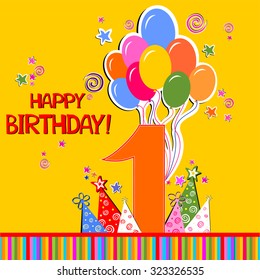 Happy First Birthday. Celebration yellow background with number one, balloon, gift boxes and place for your text. vector illustration 