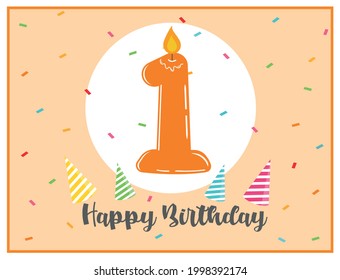 Happy first birthday. Cute background for 1 year old babies. Beautiful card for 1st birthday. Number one candle in a spotlight. Birthday confetti and party hats. Happy birthday text. 