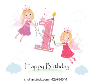 Happy first birthday with cute fairy tale greeting card vector