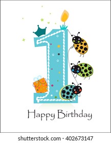 Happy first birthday with funny ladybird baby boy greeting card vector background