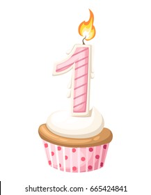 Happy First Birthday girl card with cupcake and candle in flat design style, vector illustration
