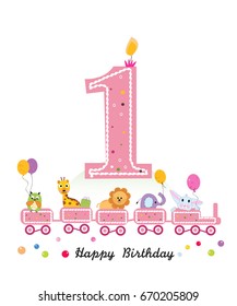 Happy first birthday greeting card. Birthday train with animals
