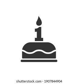 Happy first birthday icon. Cake with a candle in the form of the number 1. Vector symbol EPS 10