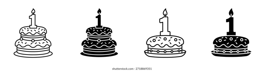 Icono de feliz primer cumpleaños en paquete de estilo lineal y Clipart sobre fondo blanco.