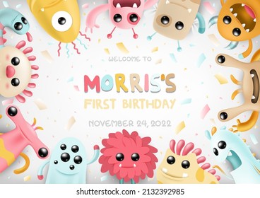 Happy first birthday party with cute monster baby boy greeting card invitation. Baby shower postcard design template. Banner for Happy children's day, wallpaper, background, wall. Vector illustration