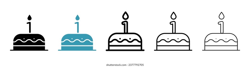 Happy first birthday sign icon set. Anniversary cake with 1 candle vector icon for ui designs.