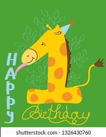 Happy first birthday vector illustration. Birthday card or invitation desing with number one with giraffe in birthday hat.