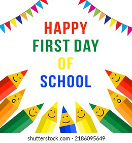 Happy First Day Of First Grade On White Background. Decorative School Signs Sticker. Vector Flat Design Illustration.