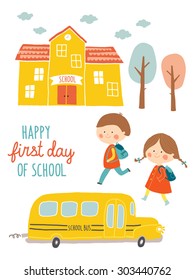 Happy first day of school card design. Kids going to school. Cute boy and girl with school building and school bus. Cartoon vector clip art eps 10 illustration on white background. Hand lettering