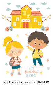Happy first day of school card design. Kids going to school. Smiling boy and girl in school uniforms with backpacks in schoolyard. School building exterior. Cartoon vector illustration in flat style.