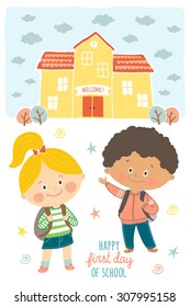 Happy first day of school card design. Kids going to school. Smiling boy and girl in school uniforms with backpacks in schoolyard. School building exterior. Cartoon vector illustration in flat style.
