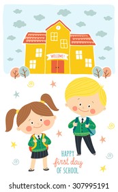 Happy first day of school card design. Kids going to school. Smiling boy and girl in school uniforms with backpacks in schoolyard. School building exterior. Cartoon vector illustration in flat style.
