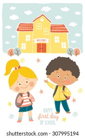 Happy first day of school card design. Kids going to school. Smiling boy and girl in school uniforms with backpacks in schoolyard. School building exterior. Cartoon vector illustration in flat style.