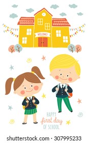 Happy first day of school card design. Kids going to school. Smiling boy and girl in school uniforms with backpacks in schoolyard. School building exterior. Cartoon vector illustration in flat style.