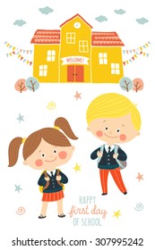 Happy first day of school card design. Kids going to school. Smiling boy and girl in school uniforms with backpacks in schoolyard. School building exterior. Cartoon vector illustration in flat style.